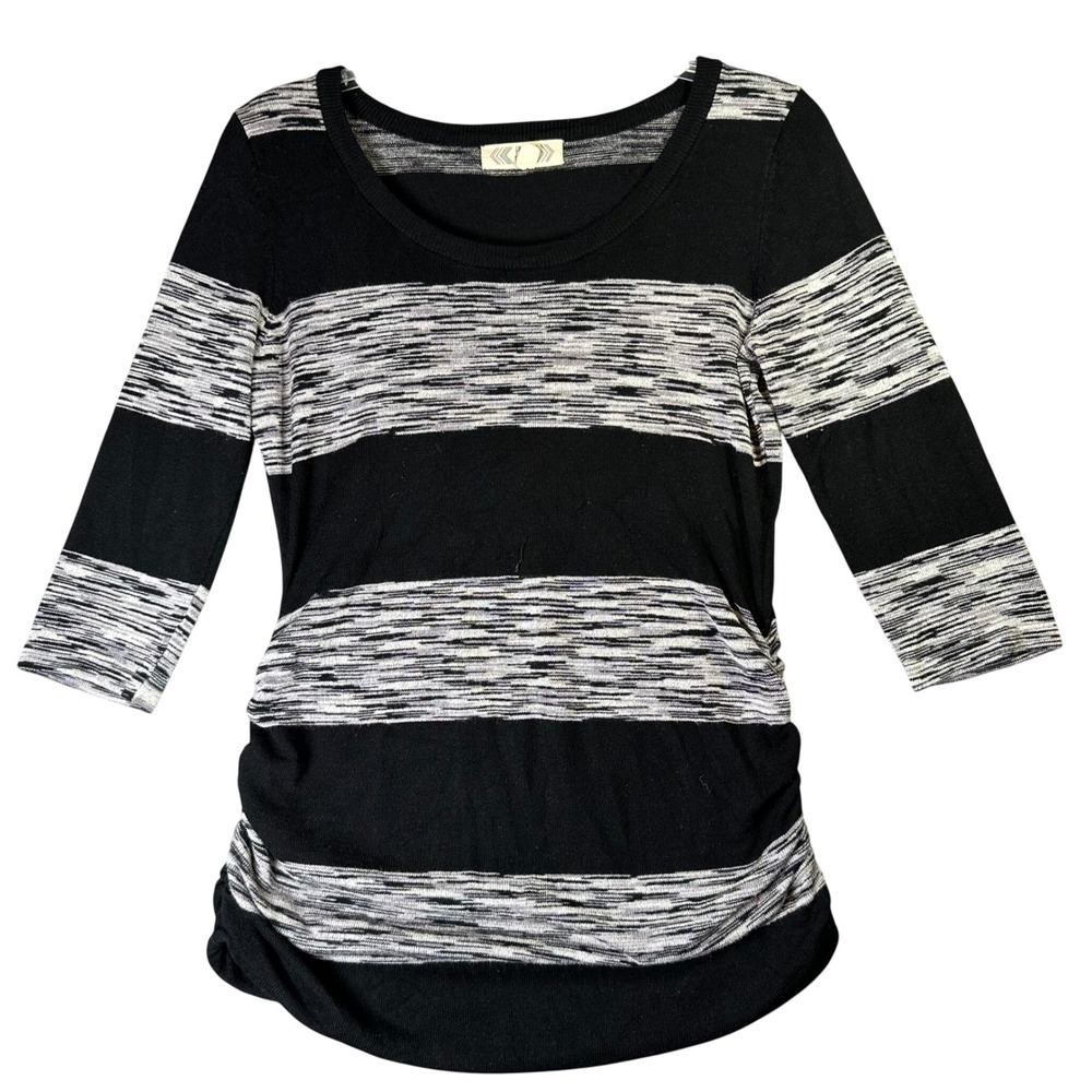 Pink Rose Striped Ruched Side 3/4 Sleeve Knit Top Black White Medium Academia